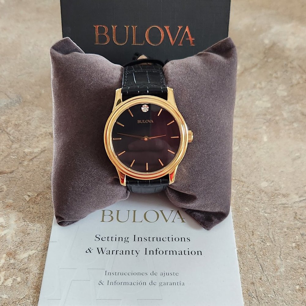 BULOVA Men's Diamond 38mm Gold Watch Black Dial & Leather Strap Model 97F55
